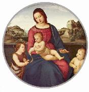 RAFFAELLO Sanzio Madonna Terranuova, Szene: Maria mit Christuskind und zwei Heiligen, Tondo oil painting